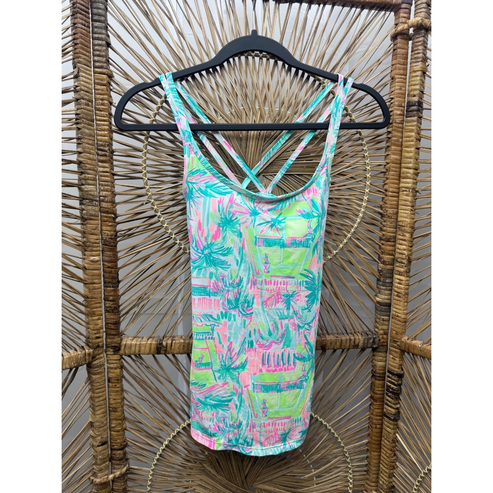 Lilly Pulitzer Luxletic Tank Top XS Tropical Palm Print Strappy Back Shelf Bra
